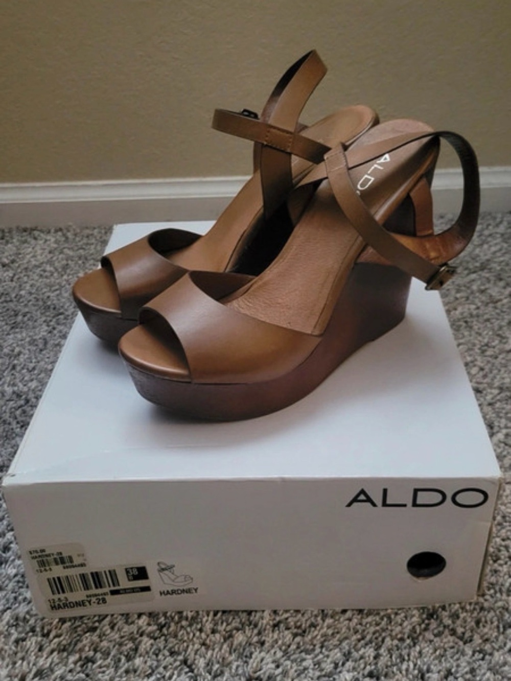 ALDO Hardney-28 Brown Cognac Platform Wedge Sandals Ankle Strap